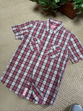 Superdry Red, Blue & White Plaid Short-Sleeved Shirt